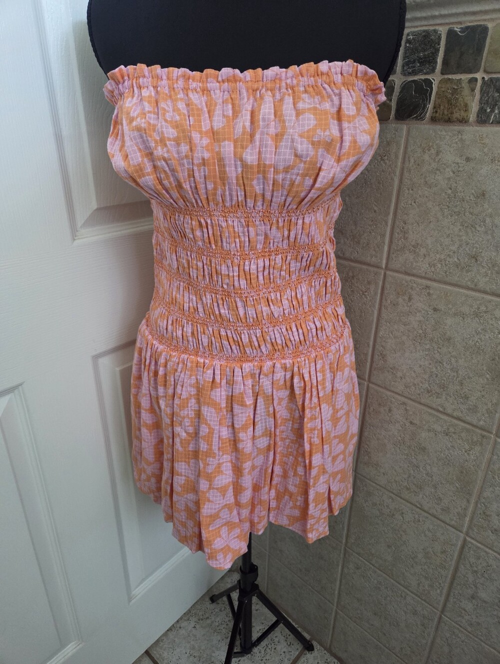 Free People Strapless Peach-Pink Floral Smocked Mini Dress Festival Western Boho - Picture 5 of 10